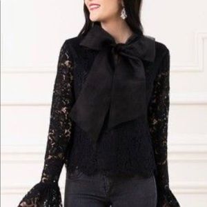 Rachel Parcell Black Lace Bell Sleeve Bow Blouse